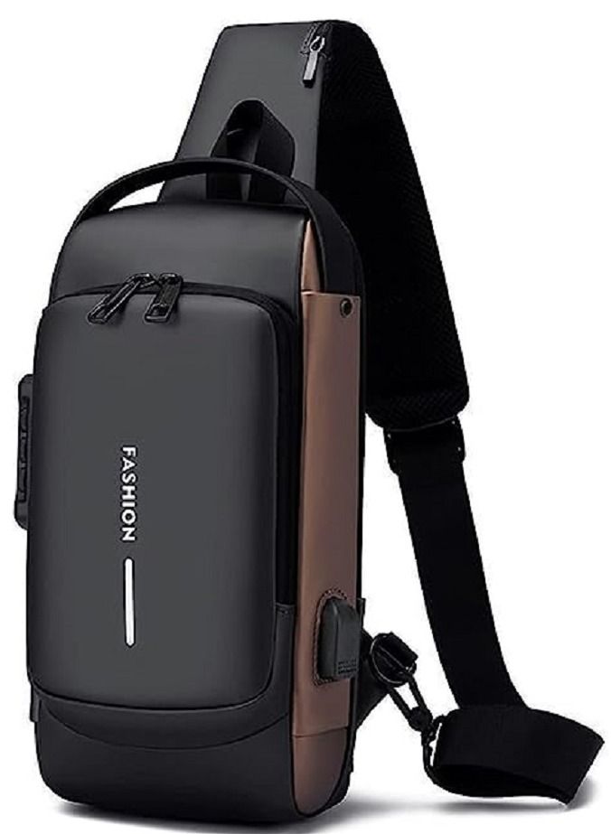 Generic Shoulder Bag Sports for Men/Women,Anti-Theft Crossbody Sling Bag,Waterproof Chest Daypack With USB Charging, Shoulder Backpack  Chest Bag for Men Women,Backpack for Men/Women (Black and Brown)  - Image 1