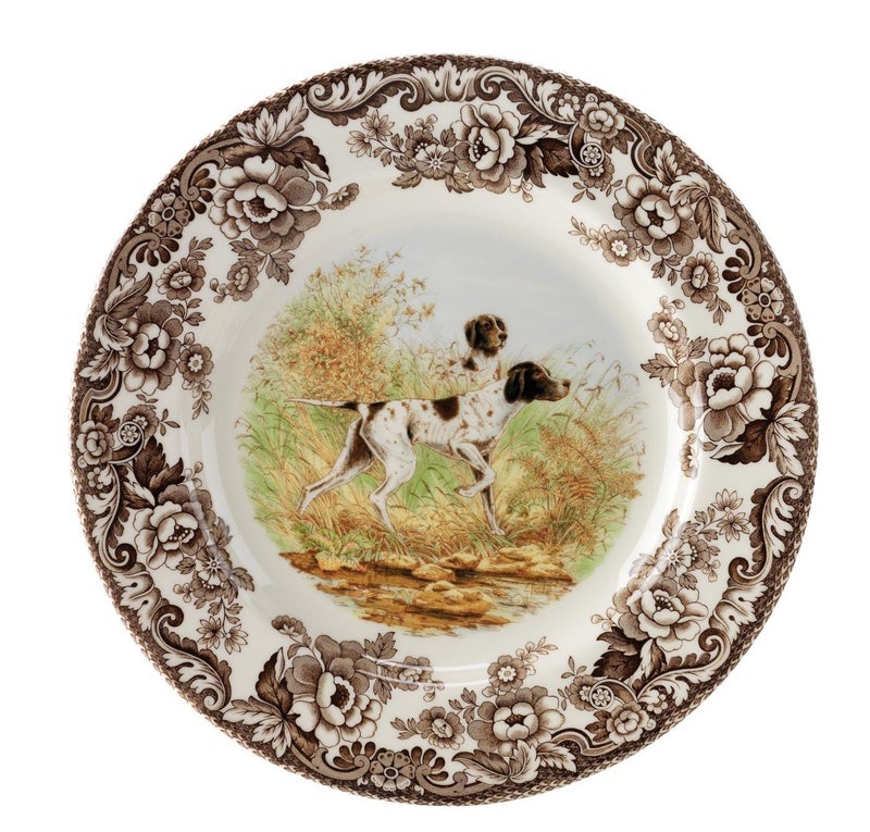 Spode Woodland Hunting Dogs Flat Coated Pointer Salad Plate - 8" Fine Earthenware with British Flowers Border, Microwave, Dishwasher & Warm Oven Safe - Rustic Dog Tableware - Made in England - Image 3