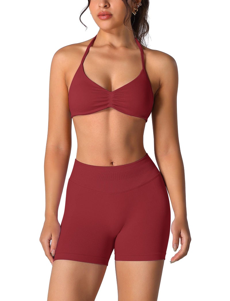 ABOCIW Workout Sets for Women 2 Piece Seamless Scrunch Butt Lifting High Waist Impact Gym Shorts Matching Halter Sports Bra Active Wear Yoga Outfits #1 Wide Red Small - Image 1