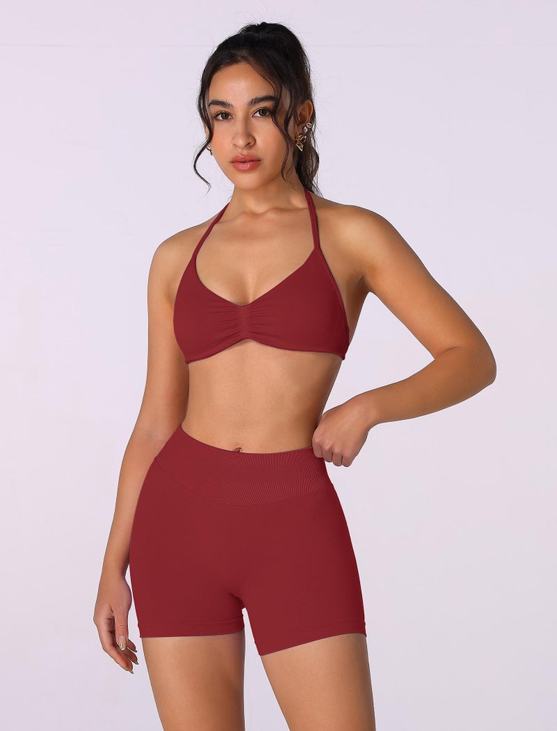 ABOCIW Workout Sets for Women 2 Piece Seamless Scrunch Butt Lifting High Waist Impact Gym Shorts Matching Halter Sports Bra Active Wear Yoga Outfits #1 Wide Red Small - Image 3