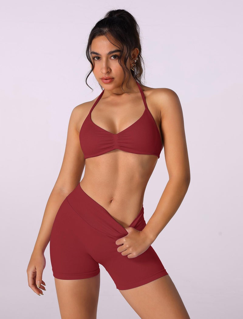 ABOCIW Workout Sets for Women 2 Piece Seamless Scrunch Butt Lifting High Waist Impact Gym Shorts Matching Halter Sports Bra Active Wear Yoga Outfits #1 Wide Red Small - Image 5