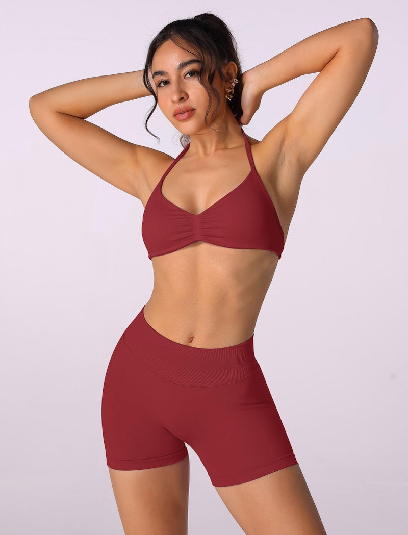 ABOCIW Workout Sets for Women 2 Piece Seamless Scrunch Butt Lifting High Waist Impact Gym Shorts Matching Halter Sports Bra Active Wear Yoga Outfits #1 Wide Red Small - Image 4