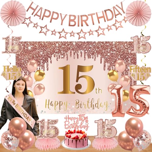 Turypaty 15th Birthday Decorations for Girls Pink Rose Gold Happy 15 years old Birthday Banner Backdrop Balloons Sash Table Cake Topper Honeycomb Centerpieces Hanging Swirls Paper Fans Party Supplies - Image 1