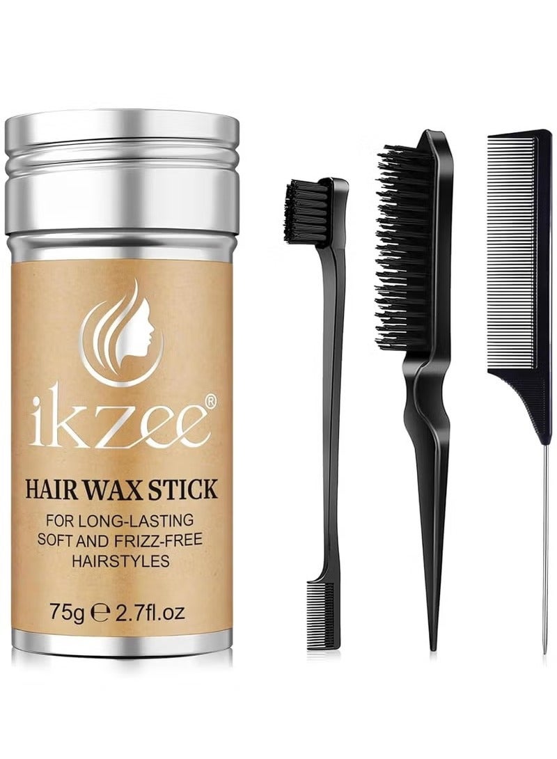 IKZEE 75g Hair Wax Stick and Comb Set 3 PCS Edge Control Brush Hair Slick Stick Wax Stick for Hair Bristle Brush for Flyaways Teasing Brush for Hair Styling for Baby Hair & Flyaways & Edge Frizz Hair - Image 1
