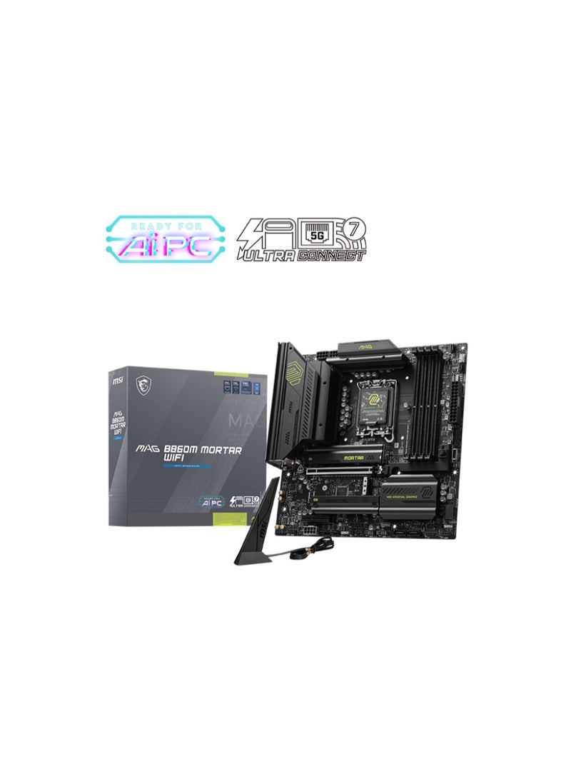 إم اس أي لوحة أم MAG B860M MORTAR WiFi، إنتل LGA1851، شريحة B860، Micro-ATX، 4x DDR5 UDIMM، تصل إلى 256GB، PCIe 5.0 x16، 3x M.2 (PCIe 5.0/4.0)، Wi-Fi 7، LAN 5G، Thunderbolt 4، HDMI 2.1، جاهز لسلسلة Core Ultra 2 | 911-7E40-002 - Image 1