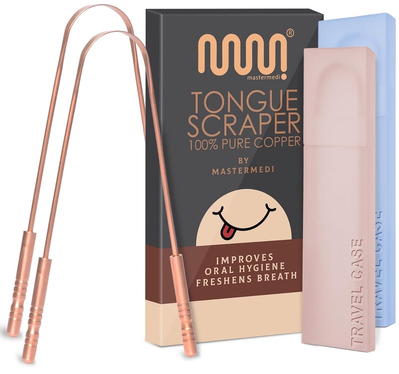 MasterMedi Tongue Scraper with Case Easy to Use Tongue Scraper for Adults, Tongue Cleaner for Oral Care & Hygiene Copper Set of 2 (with Travel Case) - Image 1