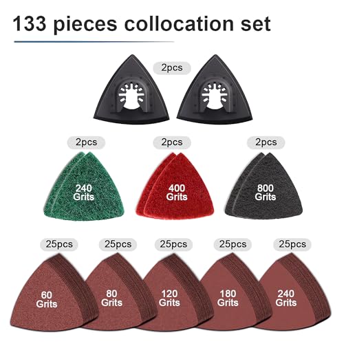 VRKET 133PCS Oscillating Tool Sanding Pads Kit,125 Sandpaper, 2 Triangular Sanding Pads and 6 Triangular Scrubbing Pads for Surface Sanding,Mechanical Maintenance Cleaning,Polishing,Deburring - Image 2