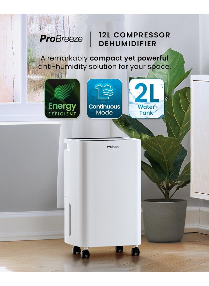 برو_بريز جهاز Pro Breeze لإزالة الرطوبة بتقنية الضاغط (سعة 12 لتراً)، مزود بخزان مياه سعة 2 لتر، ووظيفة تجفيف الملابس، ومستشعر تلقائي للرطوبة - جهاز محمول لمكافحة العفن والتكثف، يضم مؤقتاً يعمل لمدة 24 ساعة. - Image 5