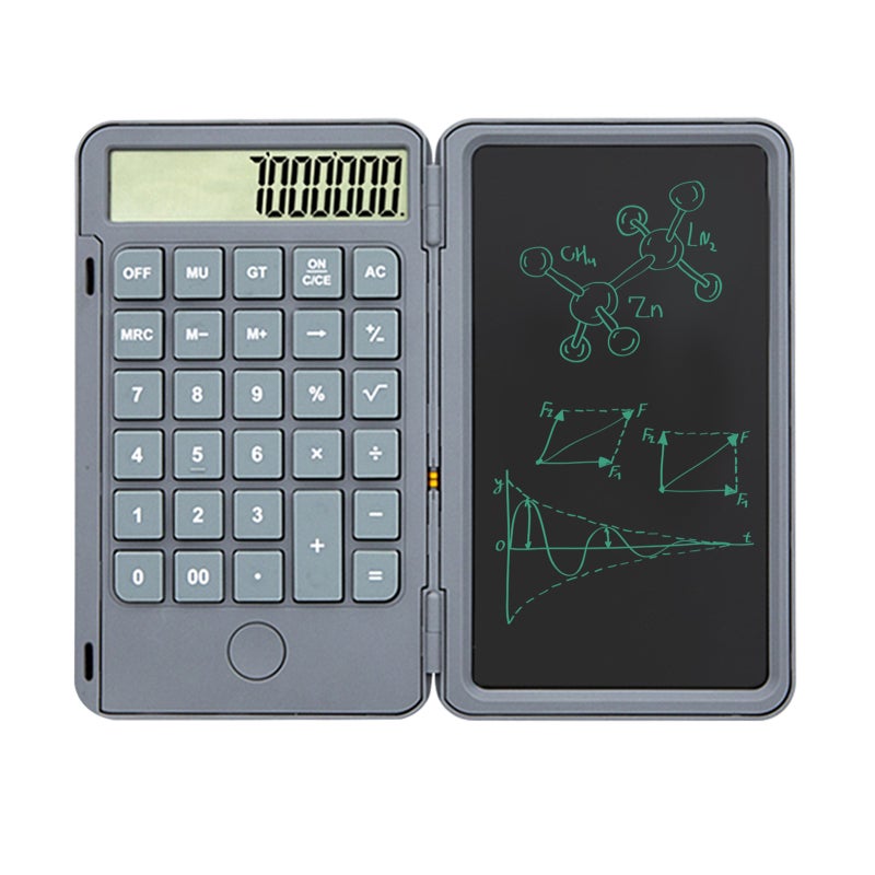 2 In 1 Office Calculator: Grey LCD Writing Tablet - Portable Clamshell Design Rechargeable 120mAh Battery Silent Keystrokes Magnetic Stylus for Office Business Home Use - Image 1