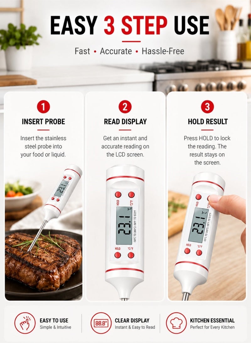 Leoxol Digital Cooking Thermometer 25cm | Instant Read LCD Food Probe | Hold Function Kitchen Thermometer | BBQ Grill Candy Milk Water Thermometer - Image 5