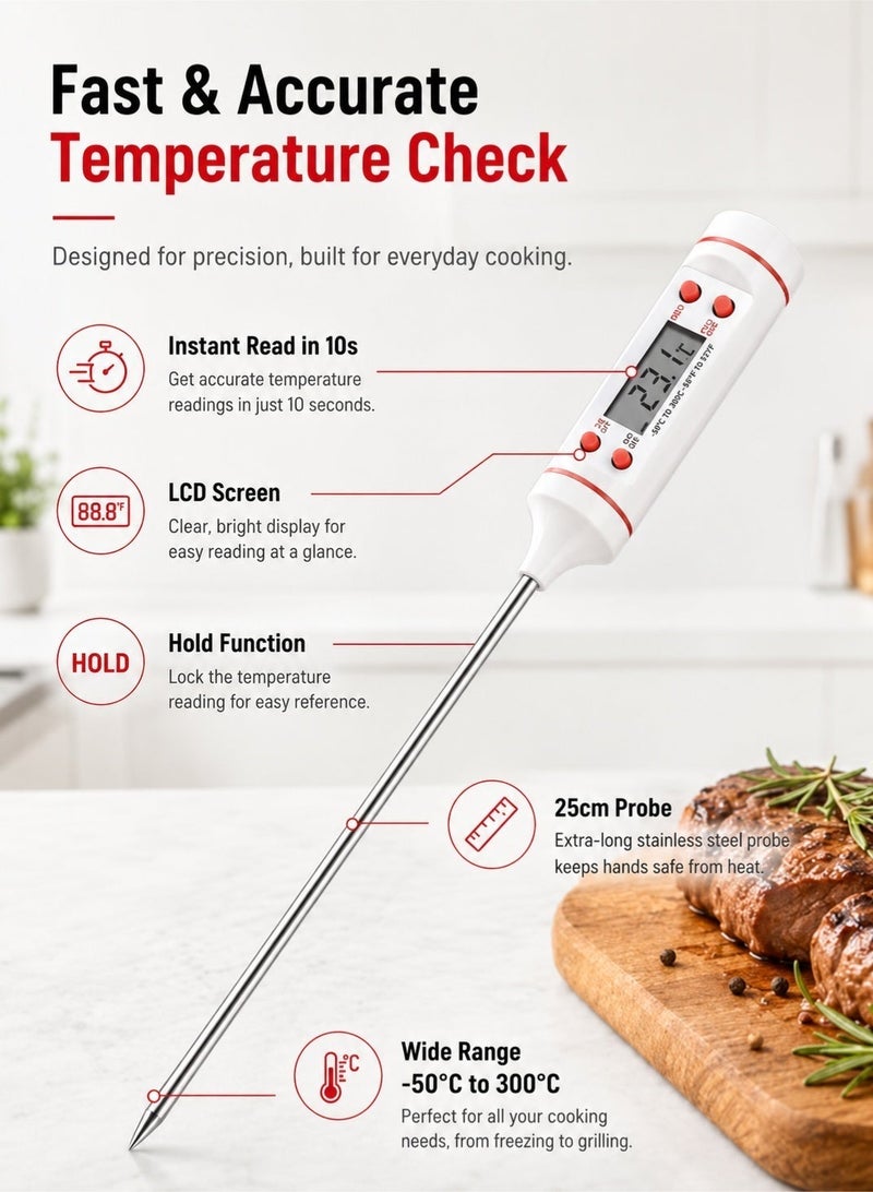 Leoxol Digital Cooking Thermometer 25cm | Instant Read LCD Food Probe | Hold Function Kitchen Thermometer | BBQ Grill Candy Milk Water Thermometer - Image 4