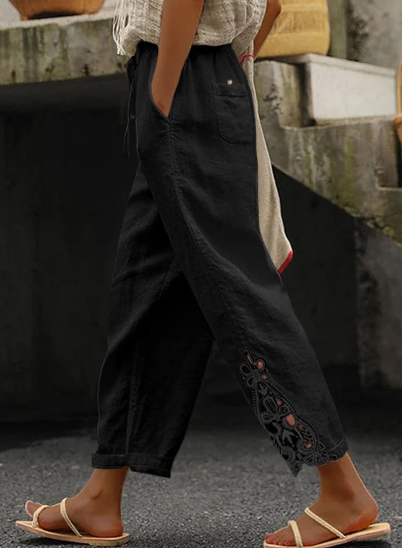 Acelitt Women's Casual Linen Pants Lightweight Drawstring Elastic Waist Spring Trendy Fashion 2025 Cropped Pants Trousers Black XL - Image 2