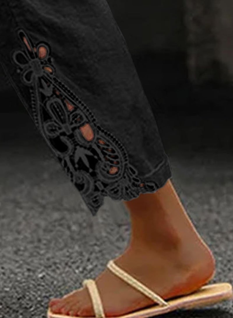 Acelitt Women's Casual Linen Pants Lightweight Drawstring Elastic Waist Spring Trendy Fashion 2025 Cropped Pants Trousers Black XL - Image 3