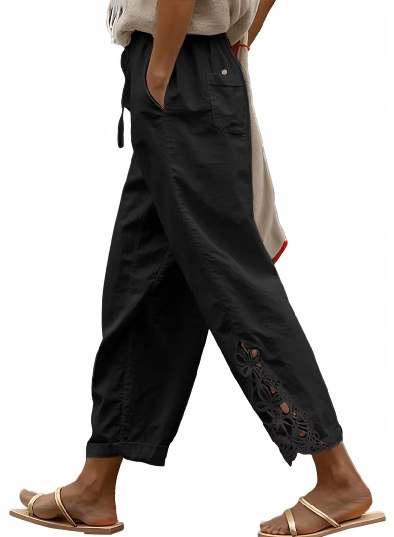 Acelitt Women's Casual Linen Pants Lightweight Drawstring Elastic Waist Spring Trendy Fashion 2025 Cropped Pants Trousers Black XL - Image 1