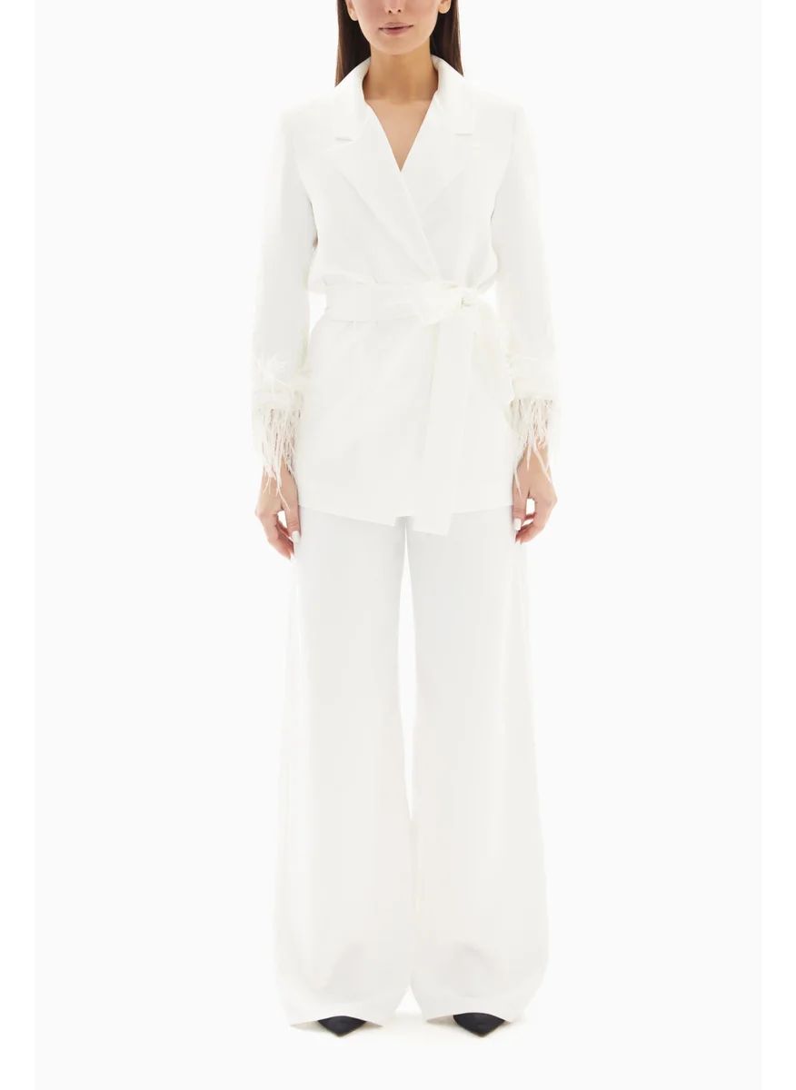 Wecre8 White Set of Feathered Blazer Jacket and Trousers By WECRE8