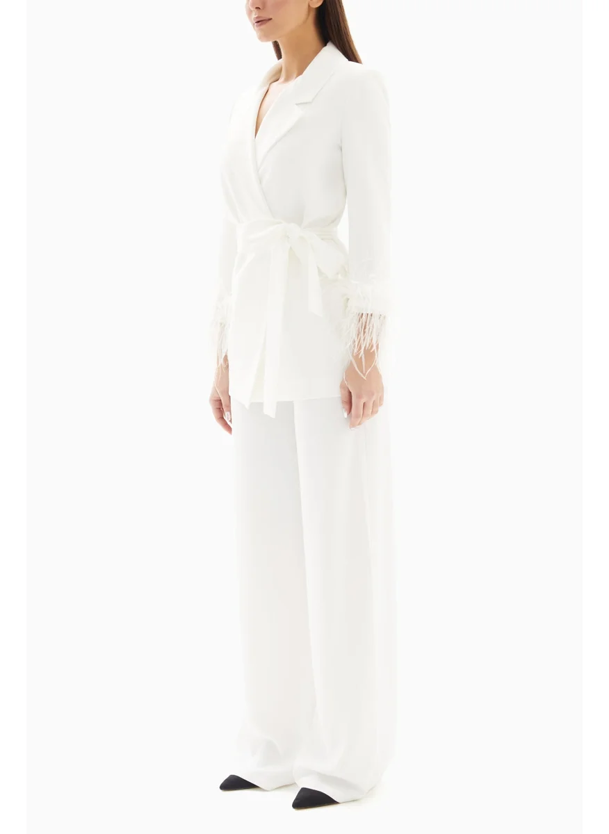 Wecre8 White Set of Feathered Blazer Jacket and Trousers By WECRE8