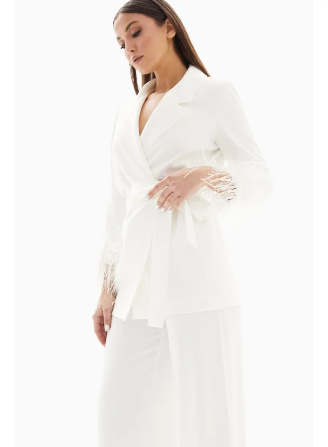 Wecre8 White Set of Feathered Blazer Jacket and Trousers