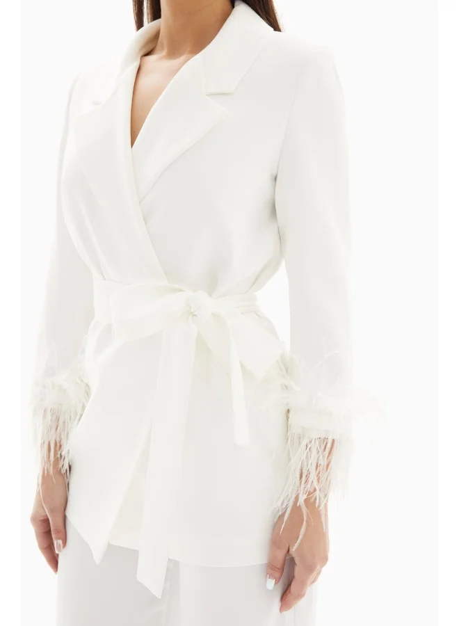 Wecre8 White Set of Feathered Blazer Jacket and Trousers