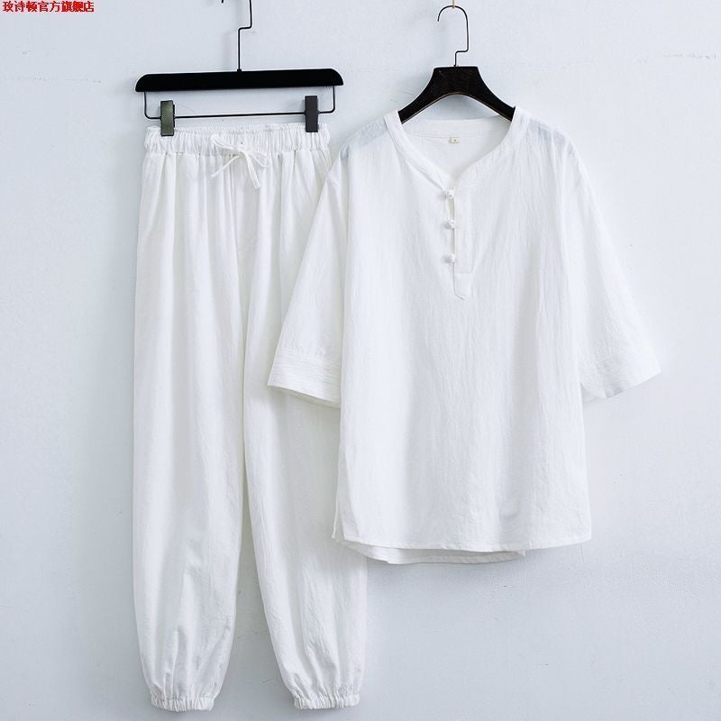 Summer Linen Chinese Style Mens Casual T-Shirt Set White [jacket pants]] 