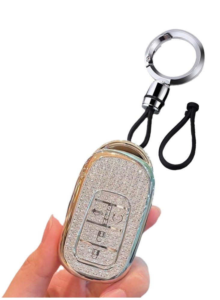 OUYoo غطاء مفتاح OUYoo لهوندا، واقي مفاتيح TPU ناعم مع سلسلة مفاتيح متألقة لمفتاح هوندا الذكي لسيارات أكورد، سيفيك، HR-V، CR-V، بايلوت موديلات 2022 2023 2024 2025، لون فضي شفاف - Image 1