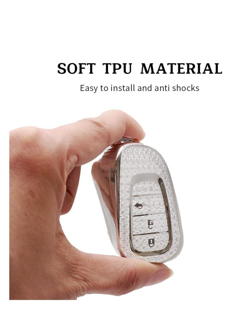 OUYoo غطاء مفتاح OUYoo لهوندا، واقي مفاتيح TPU ناعم مع سلسلة مفاتيح متألقة لمفتاح هوندا الذكي لسيارات أكورد، سيفيك، HR-V، CR-V، بايلوت موديلات 2022 2023 2024 2025، لون فضي شفاف - Image 3