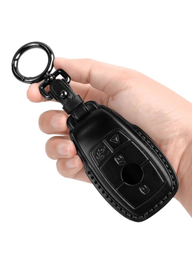 Tukellen for Mercedes Benz key fob cover Genuine Leather with keychain,Leather Protector Key case compatible Mercedes Benz 2017-2021 E-Class 2018-2021 S-Class 2019-2021 A-Class C-Class G-Class-Black - Image 1