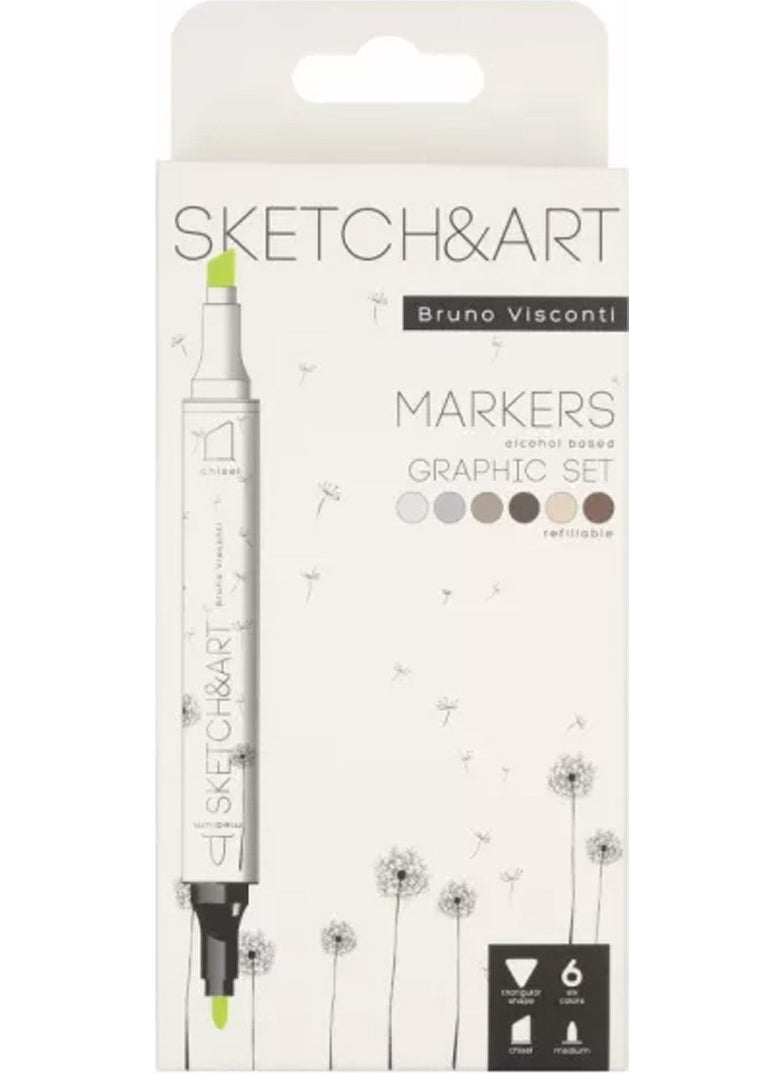Bruno Visconti - 'Sketch Art' Double Sided Markers 6 Colors Graphics 22-0081/06 - Image 1
