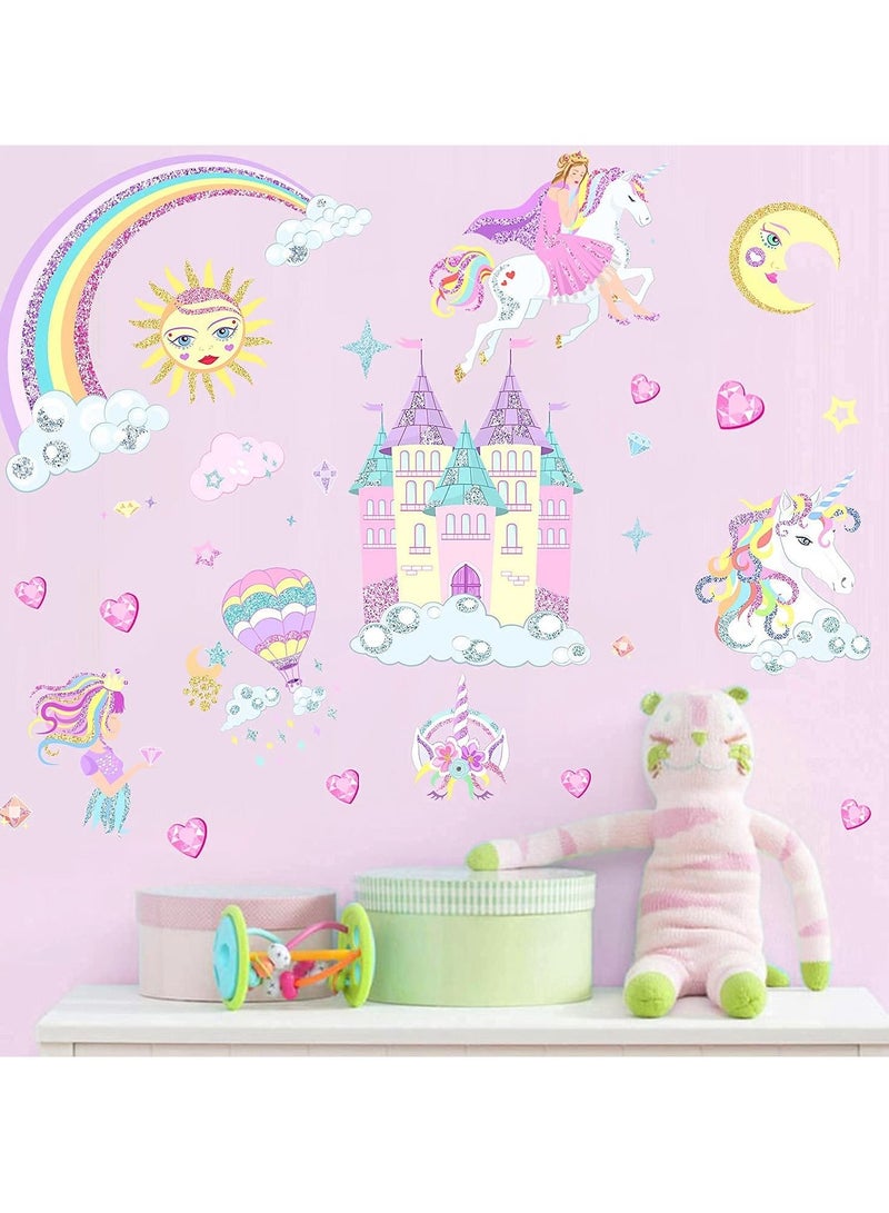 KASTWAVE Castle Unicorn Wall Decals, Princess Reflective with Heart Rainbow Vinyl Wall Stickers, Kids Wall Stickers Unicorn Wall Decals for Girls Room Decor, Castle Unicorn Wall Decals Gifts - Image 1