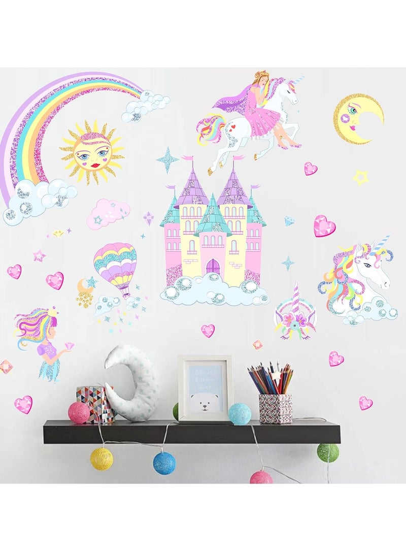 KASTWAVE Castle Unicorn Wall Decals, Princess Reflective with Heart Rainbow Vinyl Wall Stickers, Kids Wall Stickers Unicorn Wall Decals for Girls Room Decor, Castle Unicorn Wall Decals Gifts - Image 2