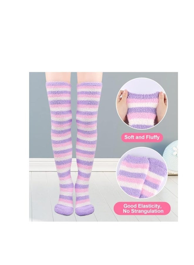 Womens Thigh High Fuzzy Socks Over Knee High Long Striped Stocking Fluffy Cozy Slipper Fleece Gift Socks 2 Pairs - Image 4