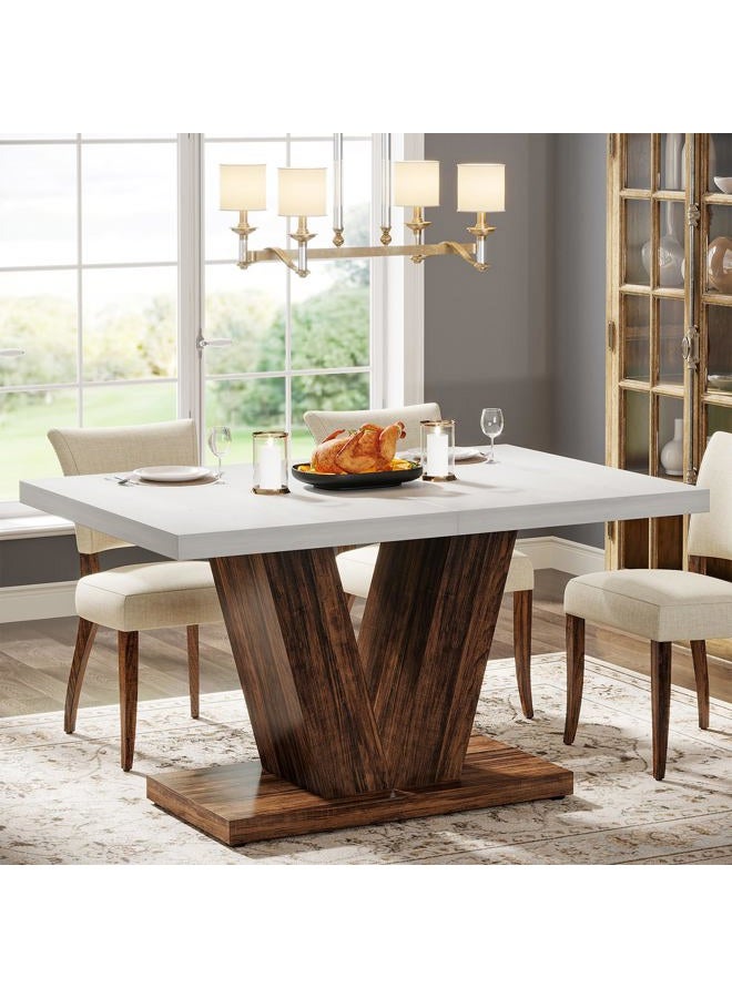 Tribesigns 120 CM Dining Table for 4, White Kitchen Dinner Table with Heavy Duty Pedestal, Farmhouse Wooden Eating Table for Home, Dining Room, Small Space, White & Brown - Image 2
