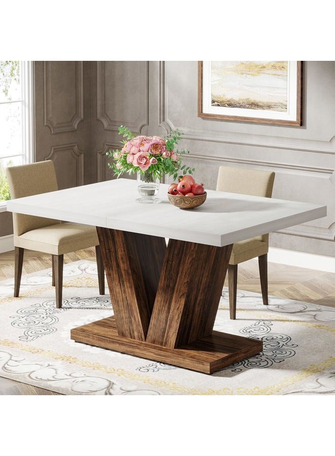 Tribesigns 120 CM Dining Table for 4, White Kitchen Dinner Table with Heavy Duty Pedestal, Farmhouse Wooden Eating Table for Home, Dining Room, Small Space, White & Brown - Image 1