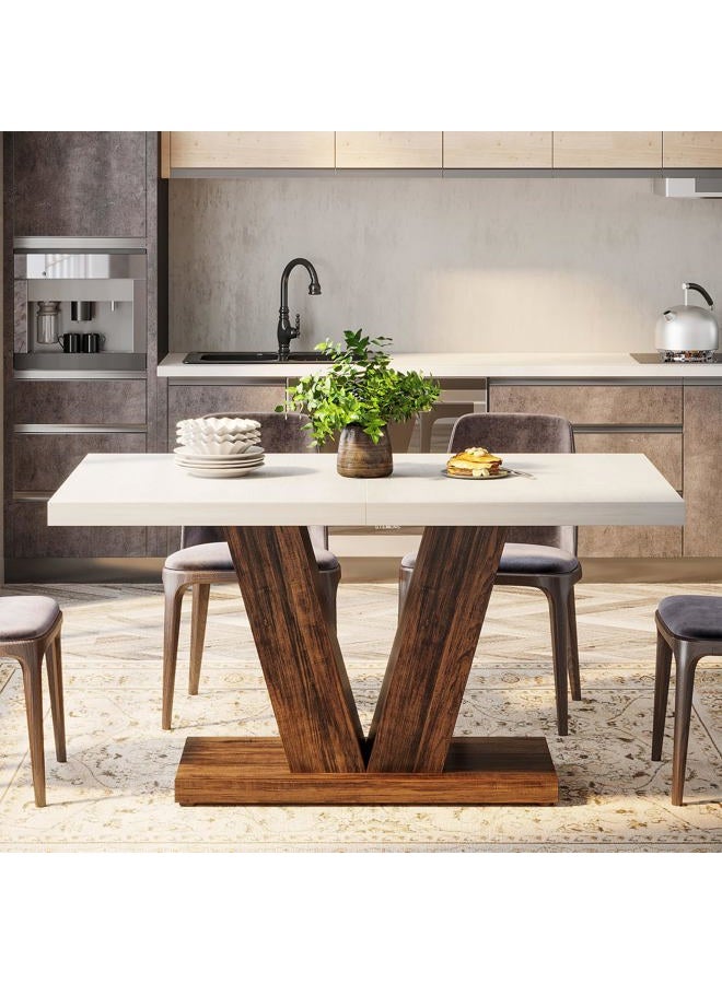 Tribesigns 120 CM Dining Table for 4, White Kitchen Dinner Table with Heavy Duty Pedestal, Farmhouse Wooden Eating Table for Home, Dining Room, Small Space, White & Brown - Image 3