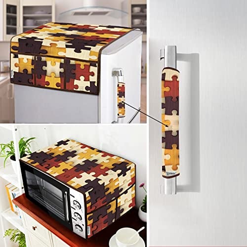 E-Retailer® Exclusive 3-Layered Polyester Combo Set of Appliances Cover (1 Pc. of Fridge Top Cover, 1 Pc Handle Cover and 1 Pc. of Microwave Oven Top Cover) (Color-Yellow, Design-Geometric, Set Contains-3 Pcs.) - Image 1