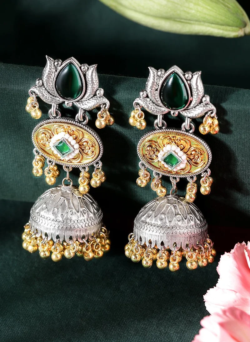 ISHIN Green Colour Metallic Grey Plated Emerald Jhumka Earring