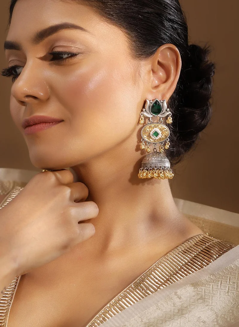 ISHIN Green Colour Metallic Grey Plated Emerald Jhumka Earring