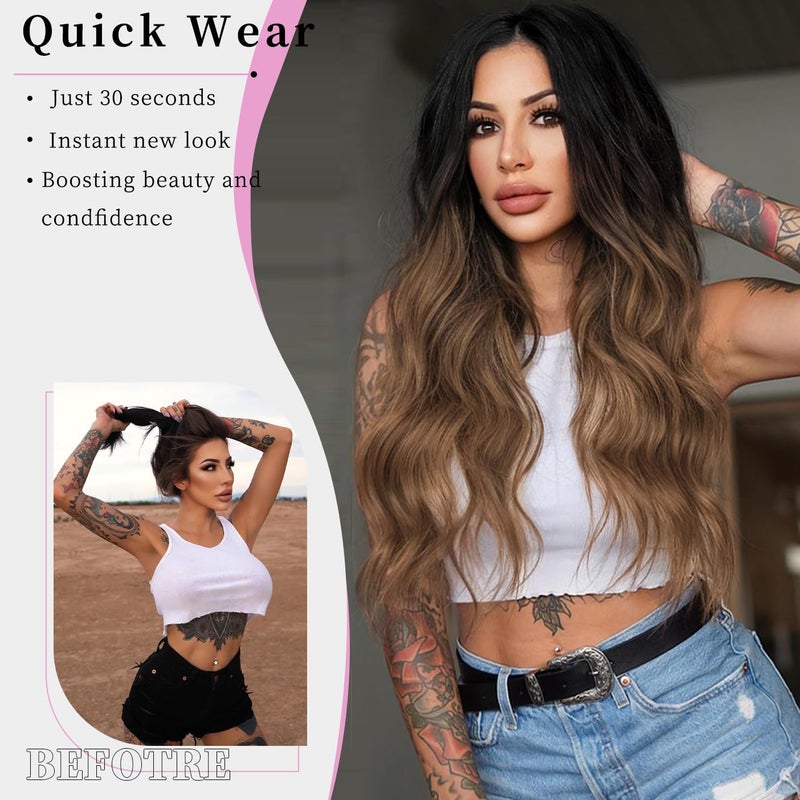 AISI HAIR Brown Wig for Women, Long Wavy Black To Brown Lace Hairline Middle Part Synthetic Heat Resistant Wig for Daily Party-26 Inch - Image 5