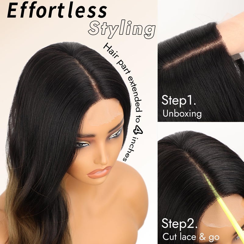 AISI HAIR Brown Wig for Women, Long Wavy Black To Brown Lace Hairline Middle Part Synthetic Heat Resistant Wig for Daily Party-26 Inch - Image 4