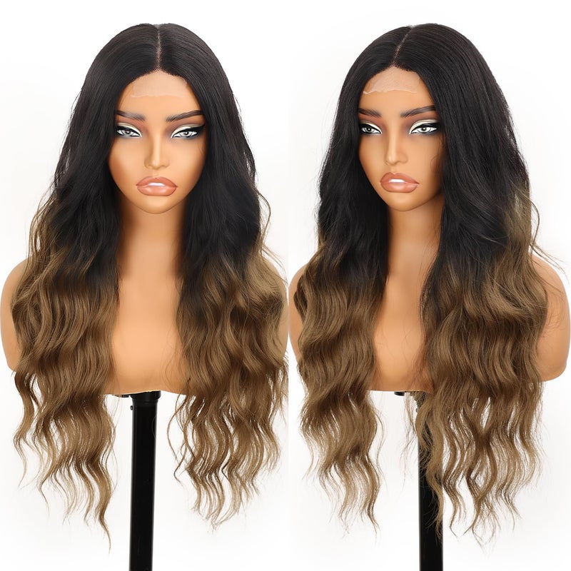 AISI HAIR Brown Wig for Women, Long Wavy Black To Brown Lace Hairline Middle Part Synthetic Heat Resistant Wig for Daily Party-26 Inch - Image 3
