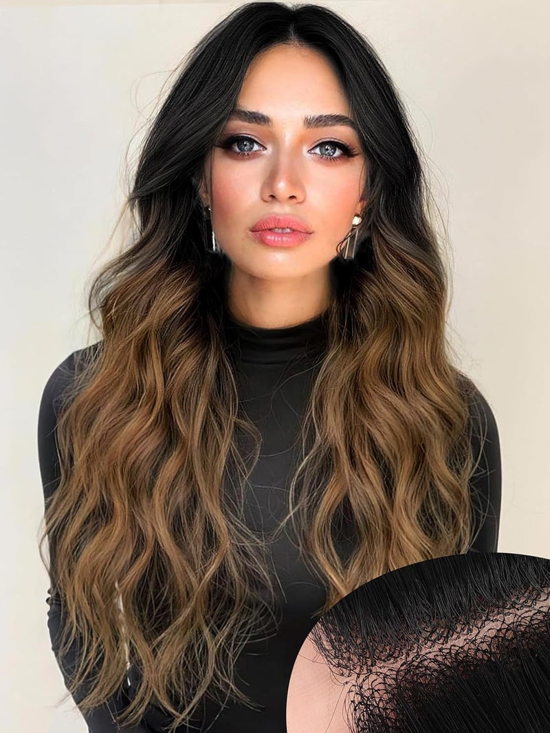 AISI HAIR Brown Wig for Women, Long Wavy Black To Brown Lace Hairline Middle Part Synthetic Heat Resistant Wig for Daily Party-26 Inch - Image 1