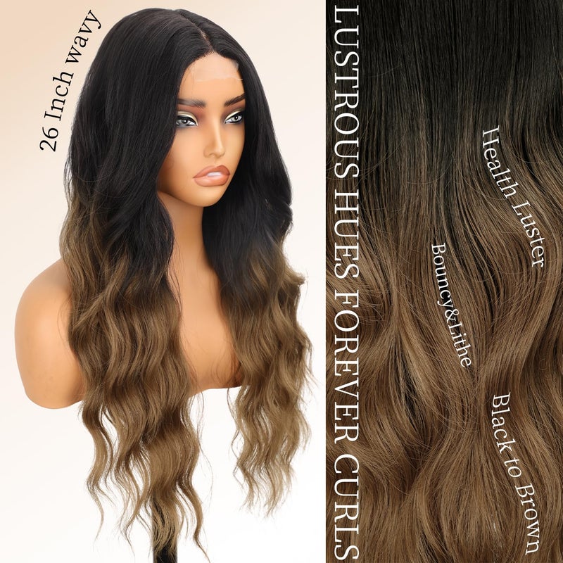 AISI HAIR Brown Wig for Women, Long Wavy Black To Brown Lace Hairline Middle Part Synthetic Heat Resistant Wig for Daily Party-26 Inch - Image 2