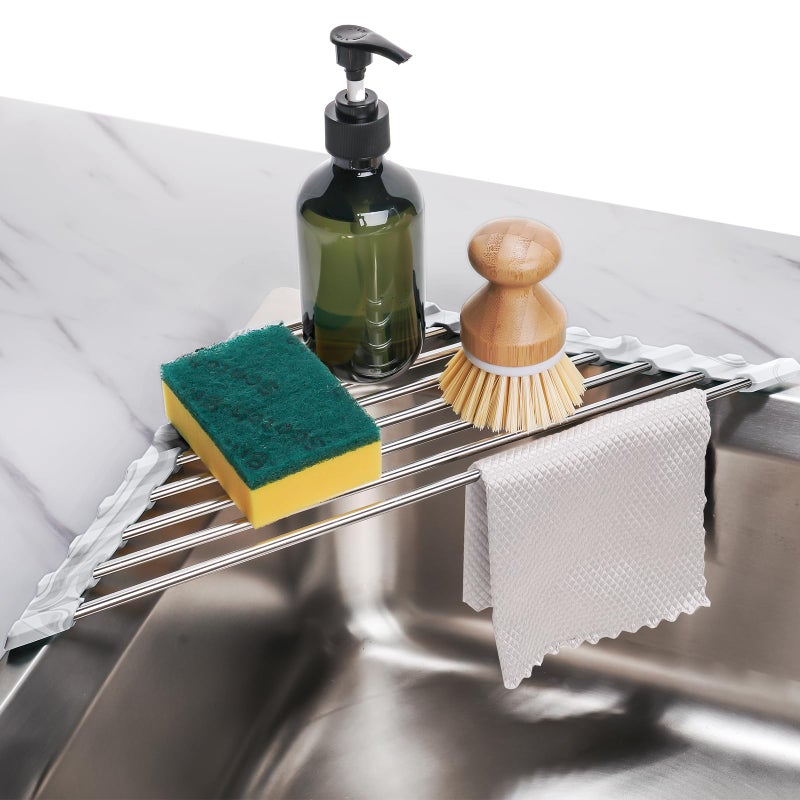 Tomorotec Marble Triangle Roll-Up Dish Drying Rack for Sink Corner - Small, Foldable, Stainless Steel, Multipurpose Kitchen Drainer Caddy, Trivet, Rustproof Organizer, Storage Shelf - Image 1