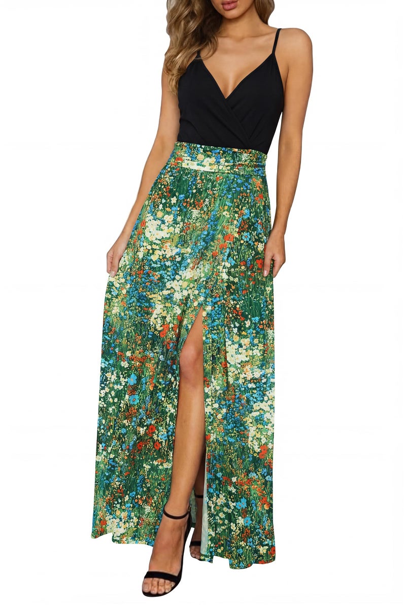 Newshows Women's 2026 Summer Maxi Dress Spaghetti Strap Spring Casual Boho V Neck Split Beach Long Flowy ding Guest Dresses Semi Formal Dresses Trendy(Black Colorful Flower,M) - Image 1
