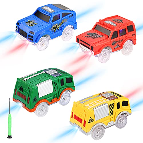 Save Unicorn Tracks Cars Replacement only Toy Cars for Magic Tracks Glow in the Dark Racing Car Track Accessories with 5 Flashing LED Lights Compatible with Most Car Tracks for Kids Boys and Girls4pack - Image 1