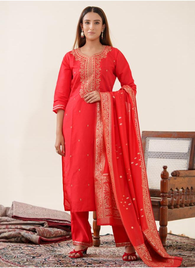 DW Embellished Straight Kurta with Trouser and Dupatta Set by Styli  - Image 1