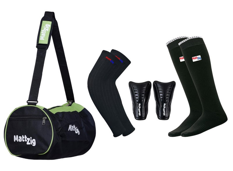 MATTZIG ® Club Football Kit (One Pair of Knee Length Poplin Socks + One Pair of Shin Guard + One Pair of Cotton Arm Sleeves + One Kit Bag) (Black, Green) - Image 1