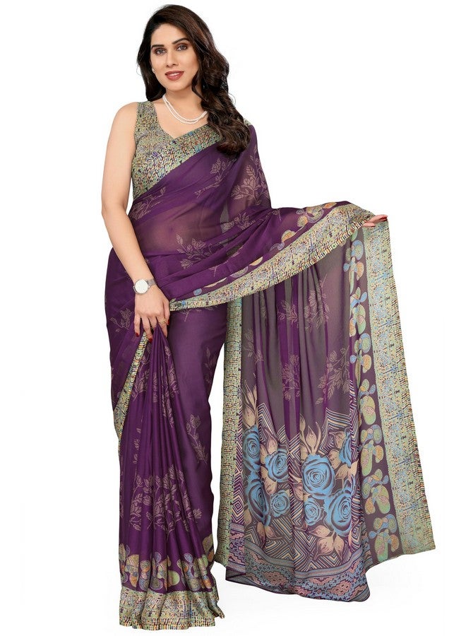 MIRCHI FASHION Chiffon Georgette Floral Print Sarees for Women with Blouse Piece (Dark Wine, Dusty Green, Yellow, Blue) - Image 1