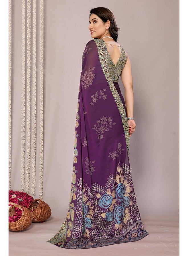 MIRCHI FASHION Chiffon Georgette Floral Print Sarees for Women with Blouse Piece (Dark Wine, Dusty Green, Yellow, Blue) - Image 3