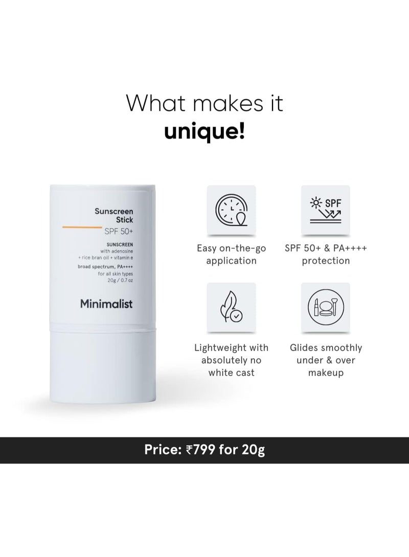 منيماليست ستيك واقي من الشمس بعامل حماية 50 مع الادينوزين وزيت نخالة الأرز وفيتامين E واسع الطيف Pa++++ | للنساء والرجال | 20 غرام لجميع أنواع البشرة منيماليست منالحد الادنى كريم الكل - Image 2