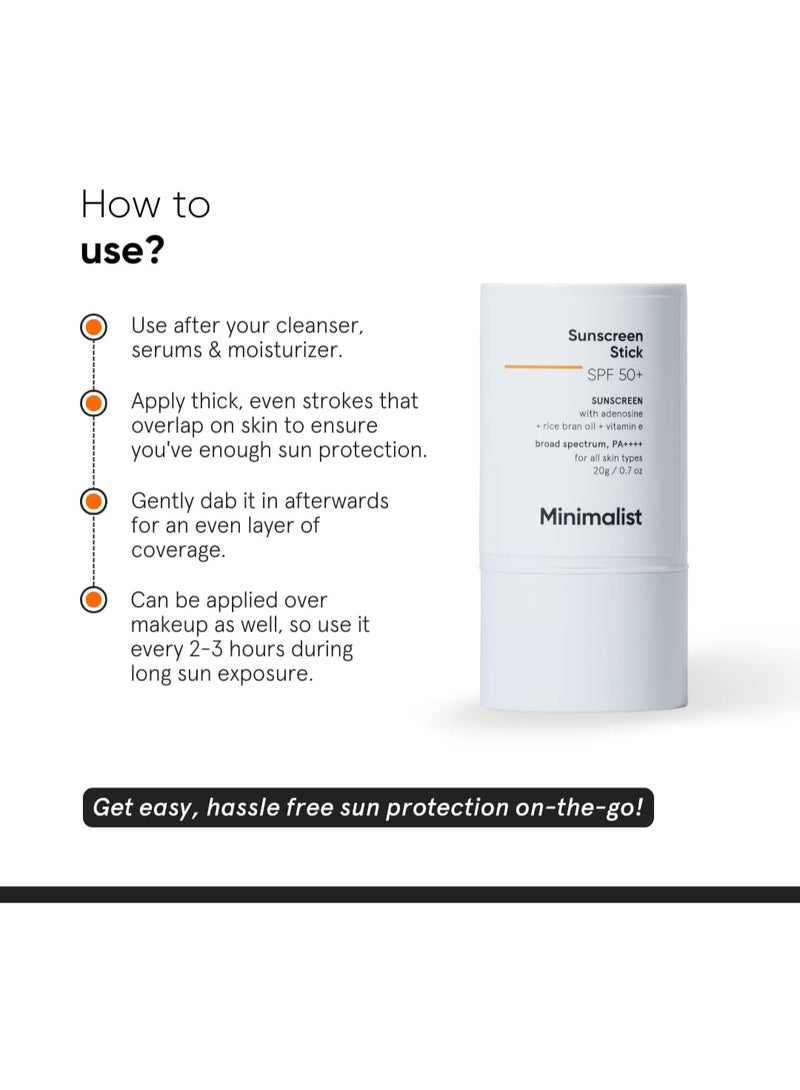 منيماليست ستيك واقي من الشمس بعامل حماية 50 مع الادينوزين وزيت نخالة الأرز وفيتامين E واسع الطيف Pa++++ | للنساء والرجال | 20 غرام لجميع أنواع البشرة منيماليست منالحد الادنى كريم الكل - Image 3